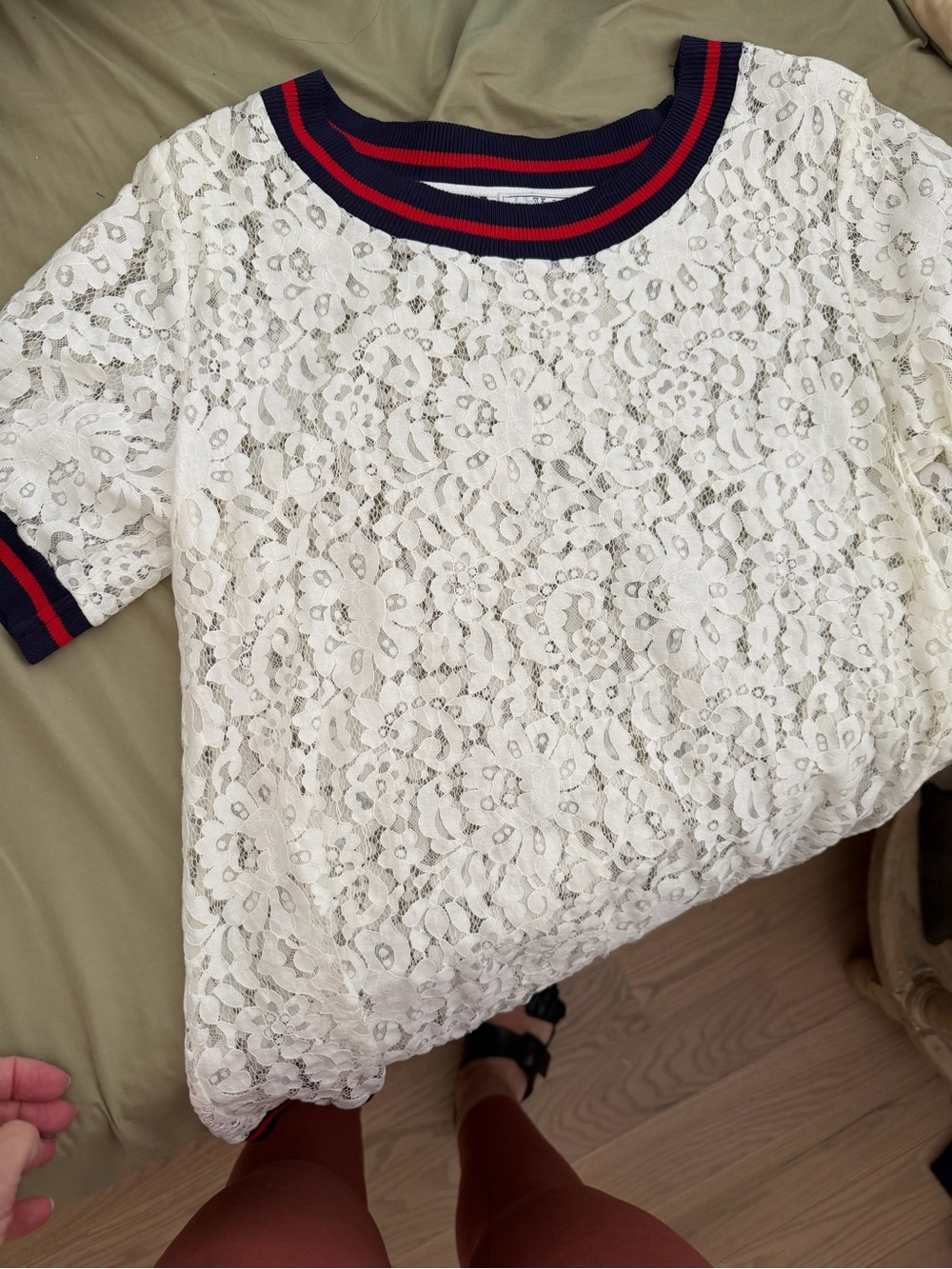 VLT’s Valentina’s, White Lace,  Short-Sleeve Top with Navy & Red Trim.